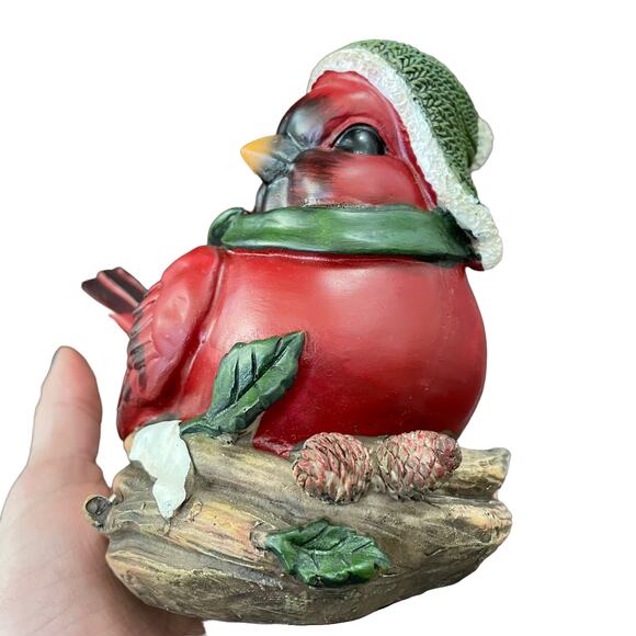 Cardinal Bird In Nest Figure Red Green Hat Scarf Winter Resin Decor CHIP READ - Picture 7 of 14